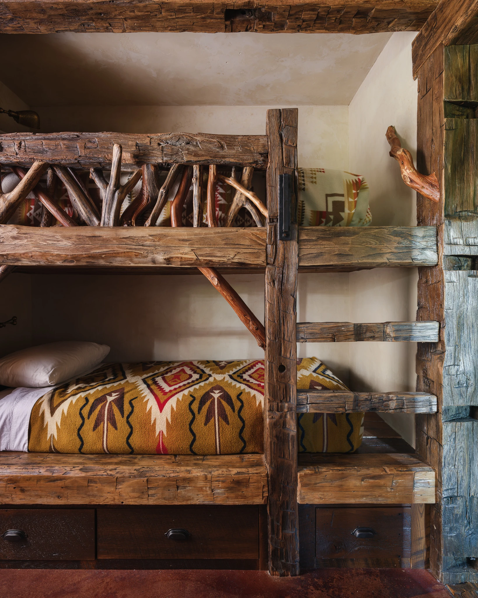 Reclaimed timber bunk beds detail — interior design photography Big Sky Montana, Club Ridge